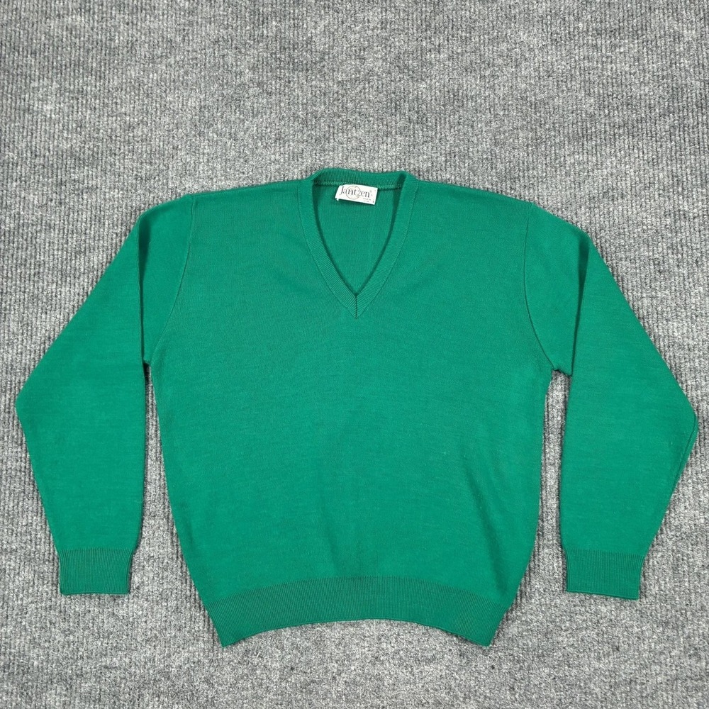 Jantzen Sweater Mens Large Green V Neck Knit Made USA Long Sleeve Pullover